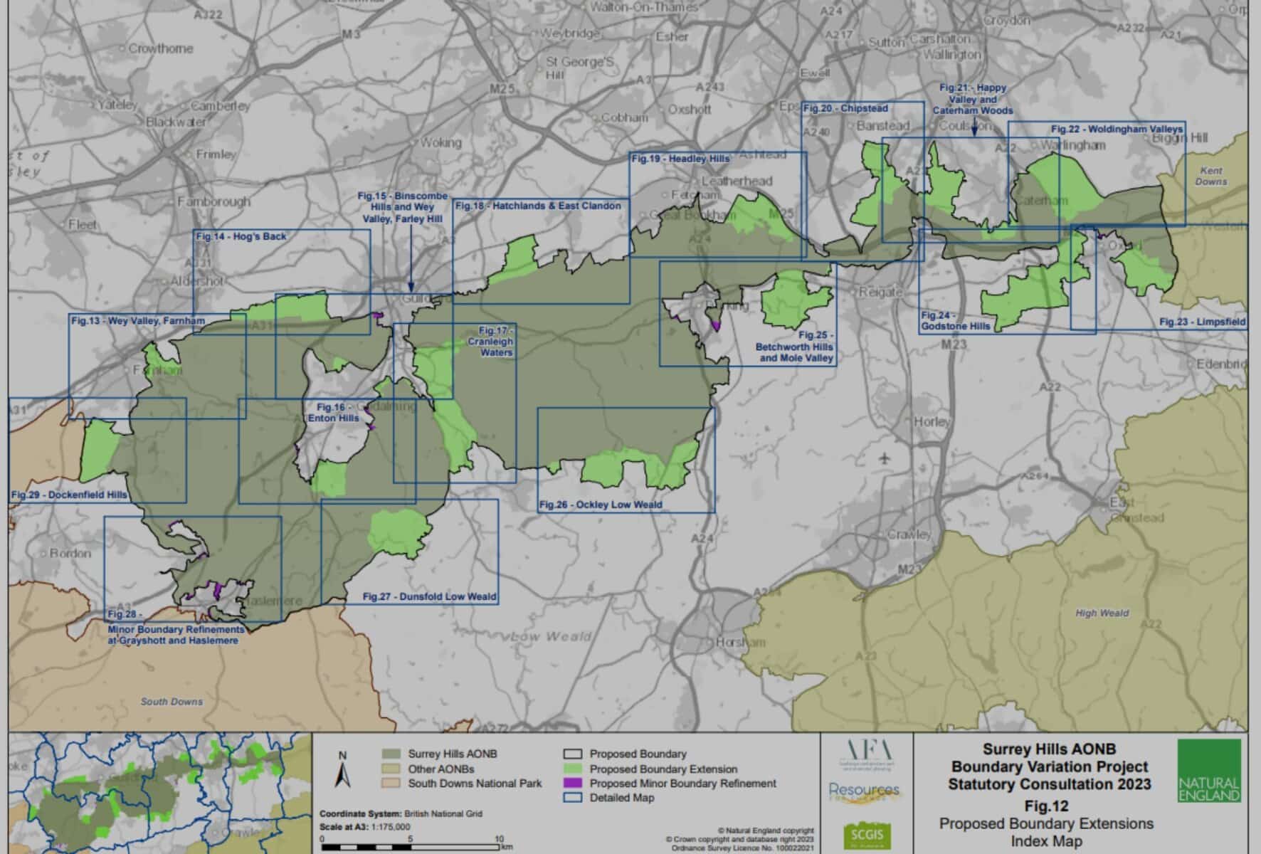 Map of southern England showing the Surrey Hills AONB in the context of other AONBs and National Parks in the region.