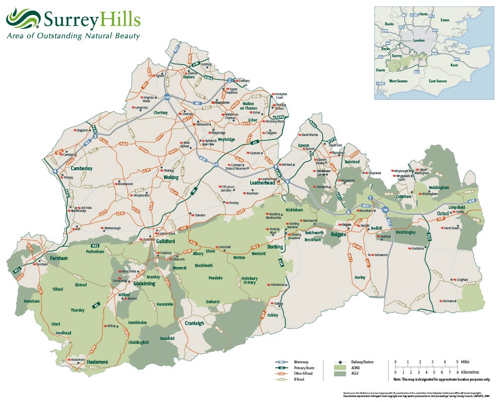 Map from Surrey Hills AONB website showing the current AONB and Areas of Great Landscape Value (AGLV) with a link to the original map