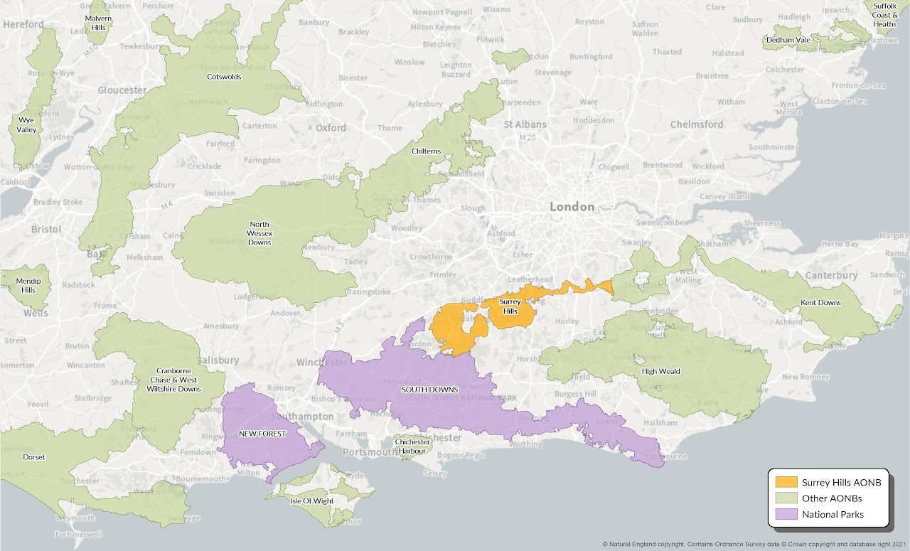 Map of southern England showing the Surrey Hills AONB in the context of other AONBs and National Parks in the region.