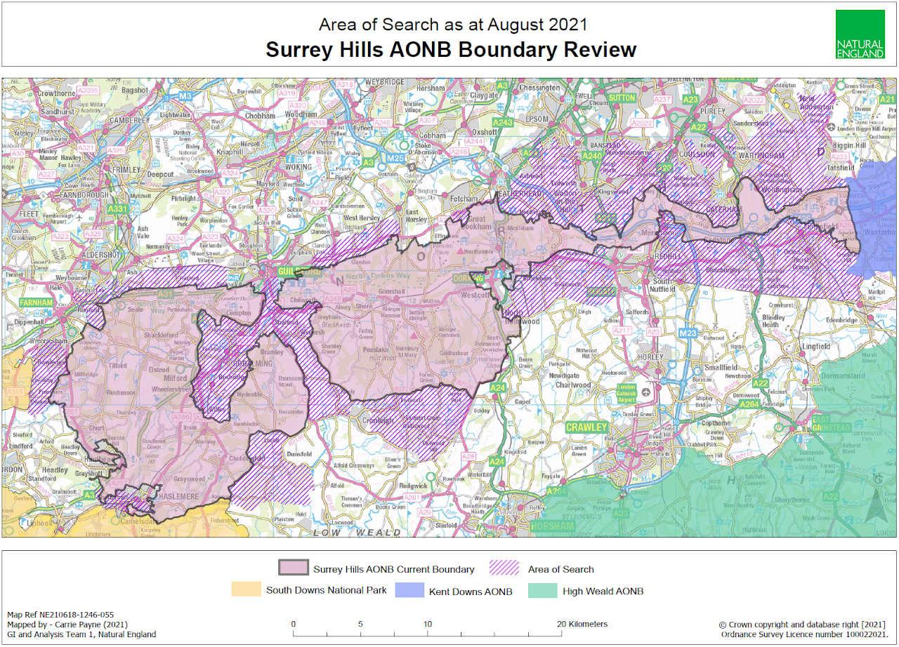 Natural England map (Aug.2021) showing the Surrey Hills AONB and the Area of Search that forms the starting point for the boundary review work.
